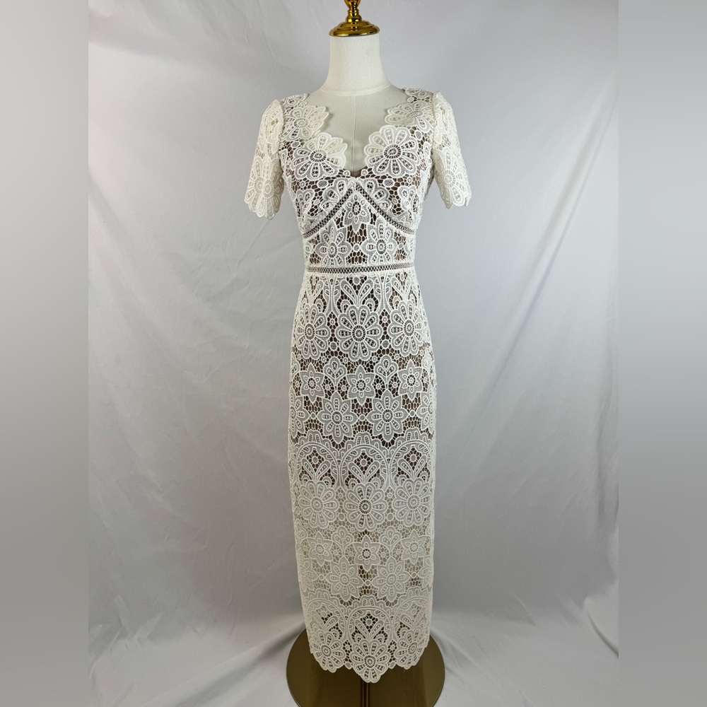 Self Portrait Ivory Floral Guipure Midi Dress Size US 4 / UK 8